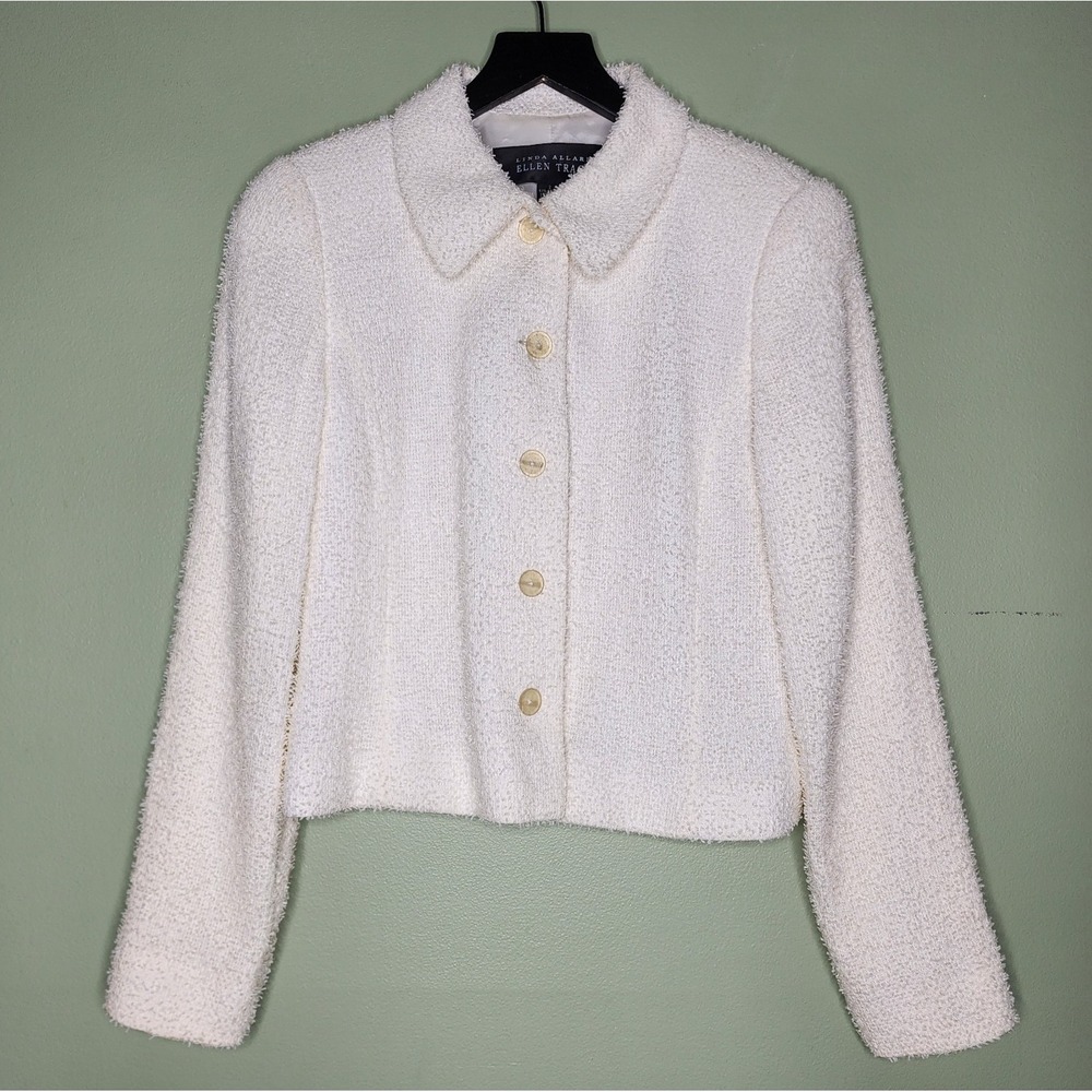 Linda Allard Ellen Tracy Boucle Blazer Ivory Cropped Button Up Jacket 2